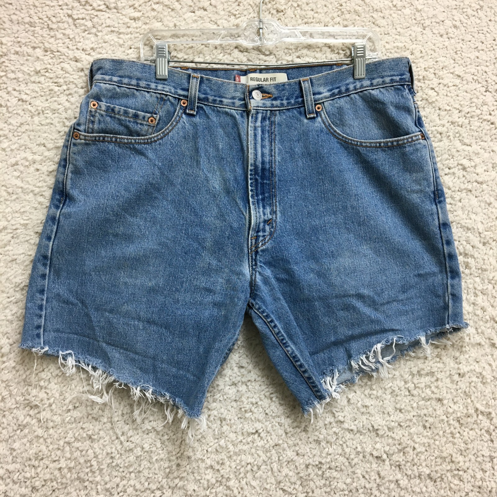 Levis 505 Shorts 38 Men Blue Denim Regular Fit Cut Off Casual Jean Bermuda Jorts