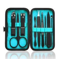 9-in-1 Manicure Pedicure Set Stainless Steel Nail Clippers Kit Travel Case Blue