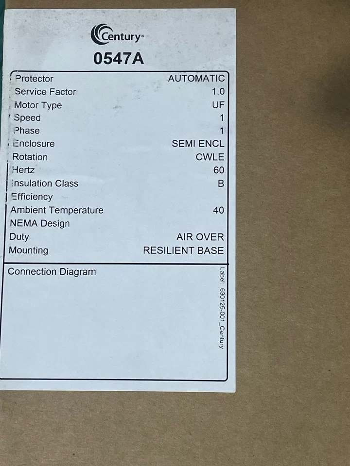 CENTURY 0547A Motor,1/8 HP,700 rpm,48Y,115V 2FGP6 New Electric Motor - Image 2 of 2