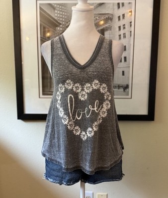 A.Most Famous Gray Acid Wash  Love  Daisy Heart Tank Top Small Flowy Racerback