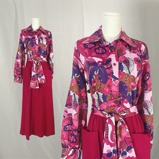 Vintage 70s Psychedelic Floral Maxi House Dress, Pink, Van Raalte Medium Velvet