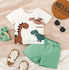 Baby Boy 2PCS Set Brown Cartoon Dinosaur White ShortSleeve Top Brown Shorts Cute