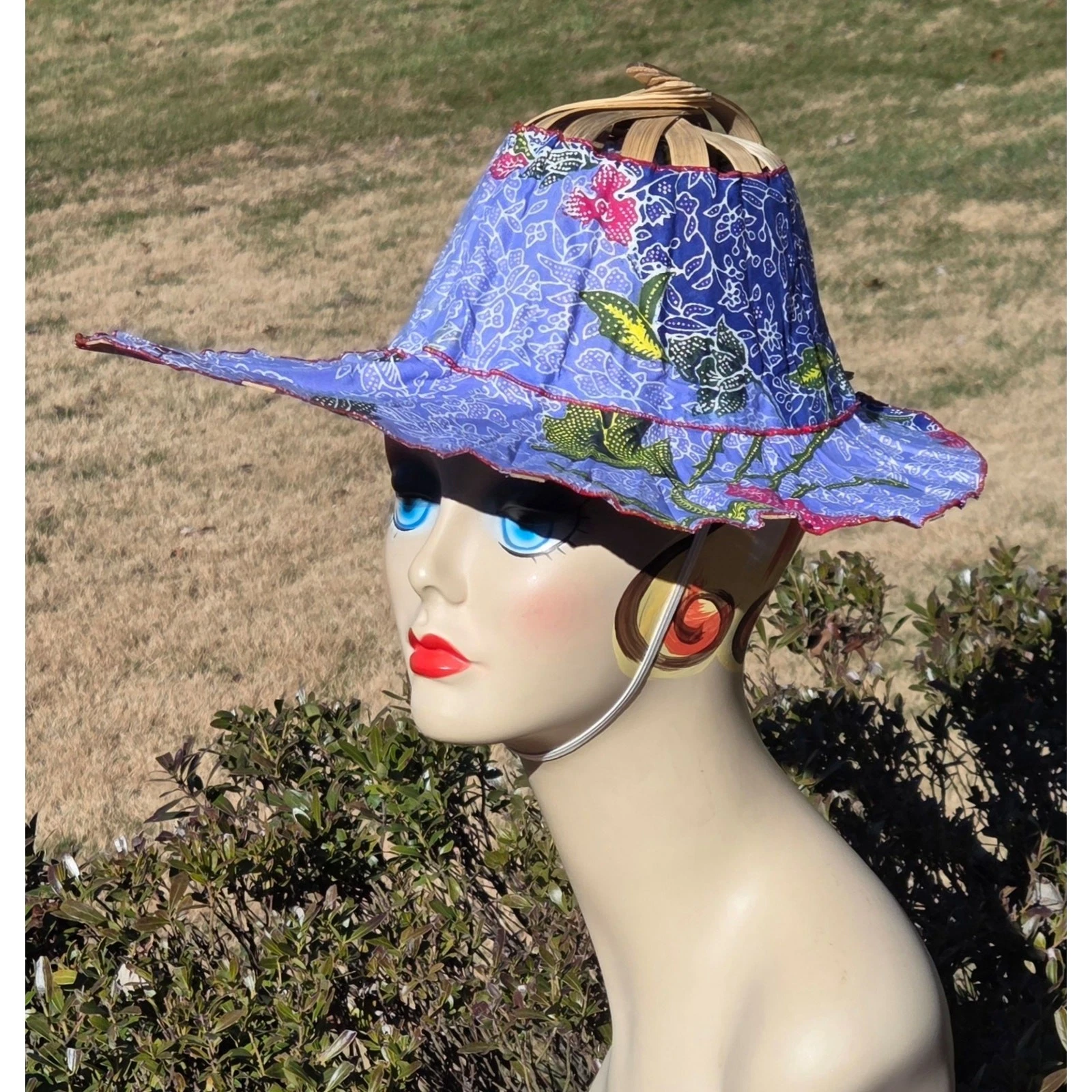 Vintage Folding Bamboo Sun Hat Blue Batik Wide Brim Packable Travel Hat Boho