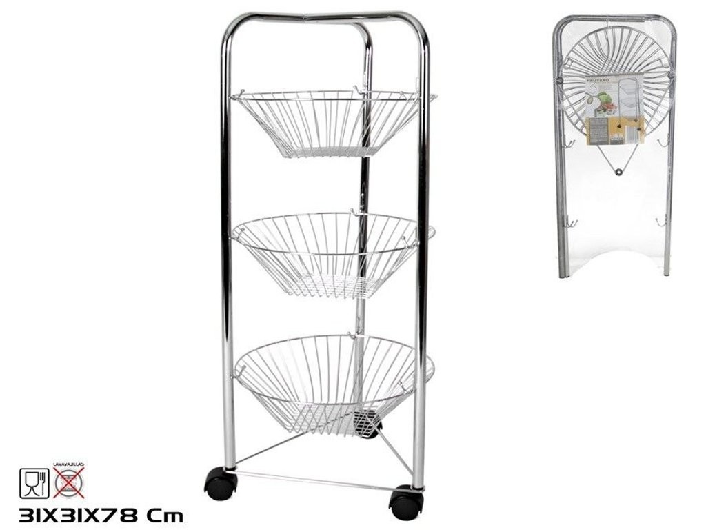 bal Carrello Fruttiera 3 Livelli Acciaio Cromato con Ruote Salvaspazio 31x31x78