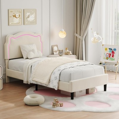 Twin Bed Frame ,Adjustable LED Headboard ,Velvet Upholstered Platform Bed Frame