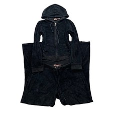 Juicy Couture Womens Black Velour Tracksuit Set Hoodie  Flared Pant Y2k Size XL