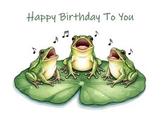 Birthday Card, Three Frogs Singing Happy Birthday To You, 7" x 5"