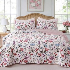 XL Queen Quilt Set 90"x96", Pink Floral Boho Reversible Bedspread, Lightweigh...