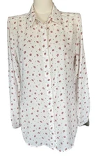 Loft White Floral Collared Long Sleeve Button Up Lightweight Blouse Women's Sz M