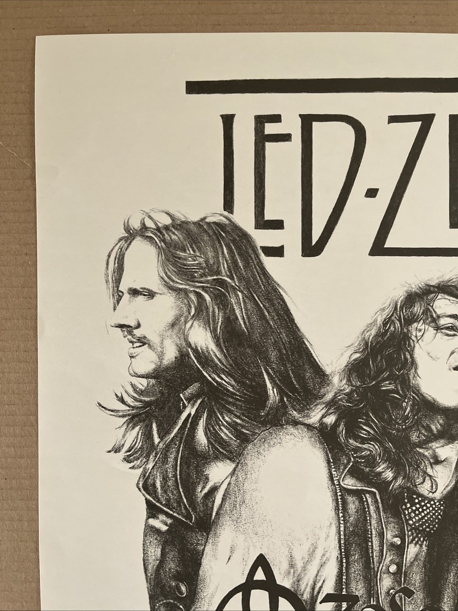 Vintage 1960s Led Zepplin Sketch Poster Black And White Music