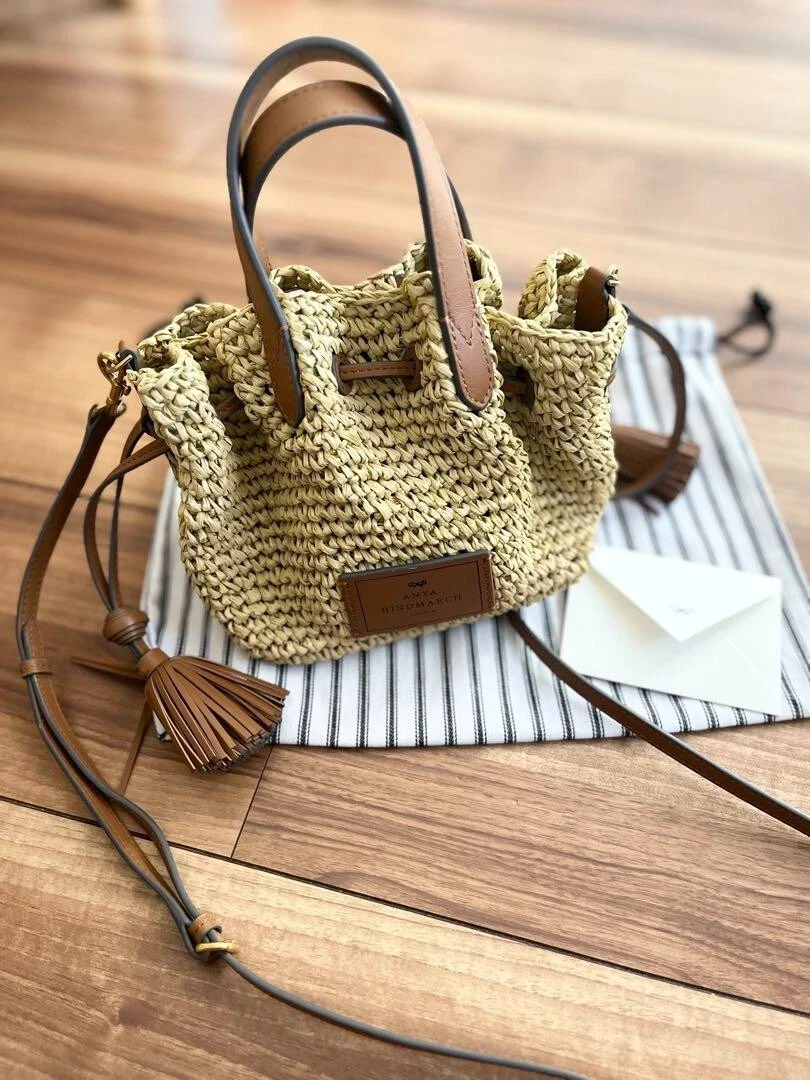 Auth Anya Hindmarch Small Drawstring Tote Raffia In Natural