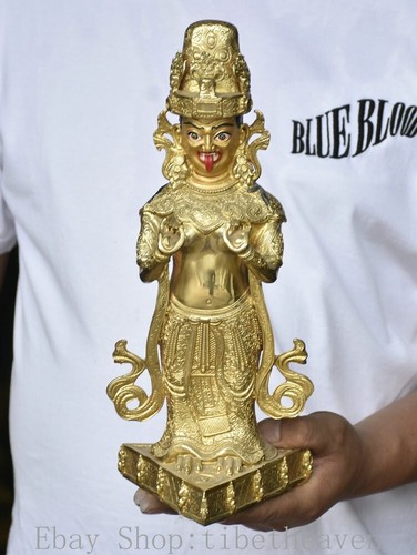 12" Old Tibetan Bronze Gilt Buddhism Zashi Lhamo Dharmapala Buddha Statue