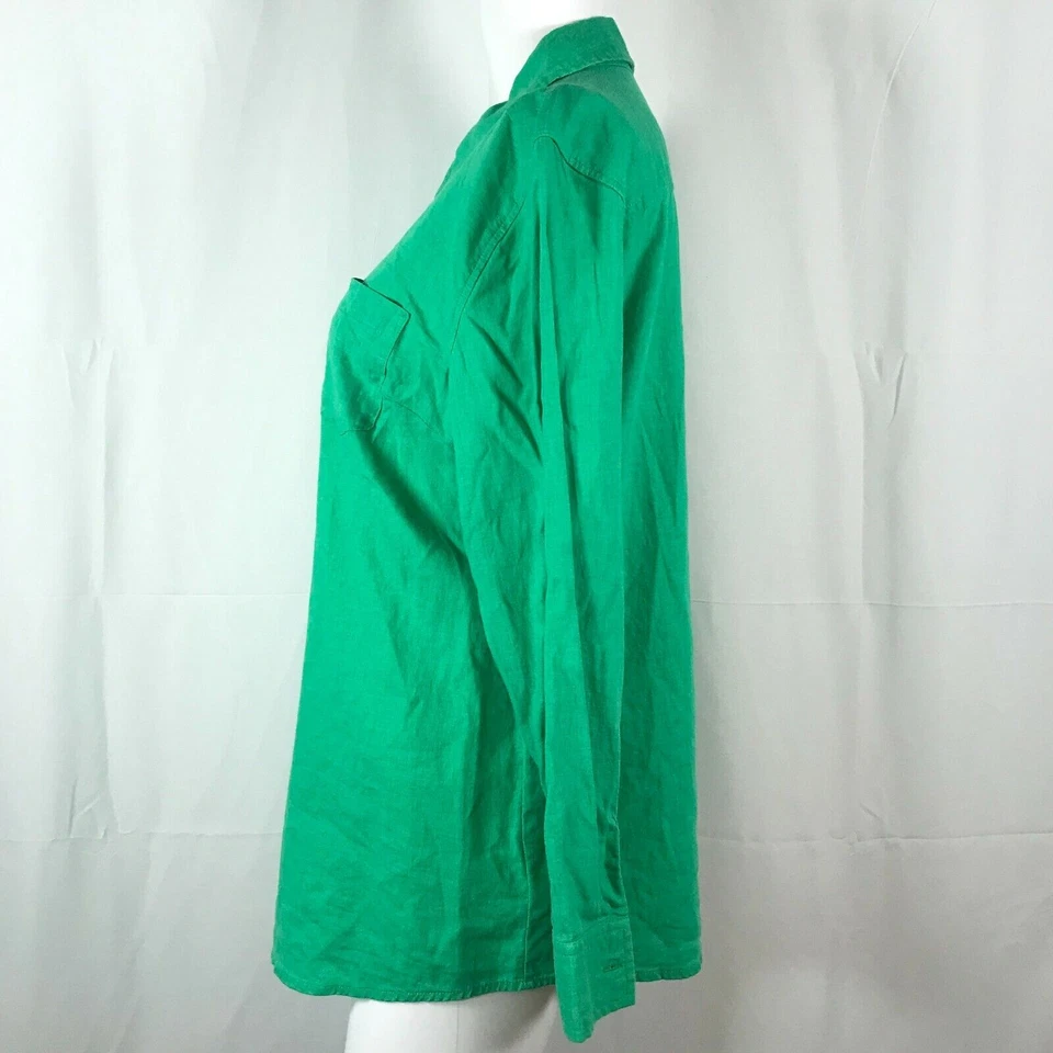 Denim & Co Shirt Womens Sz MP Petite Green Linen Blend Button Up Cuffed Sleeves - Imagem 3 de 4