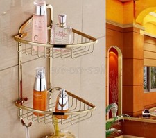 Gold Color Brass Bathroom 2 Layer Soap / Sponge Shower Corner Storage Basket