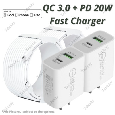 QC PD 20W Fast Charger Adapter For iPhone 14 13 12 11 Pro XR 8 USB Type C Cable