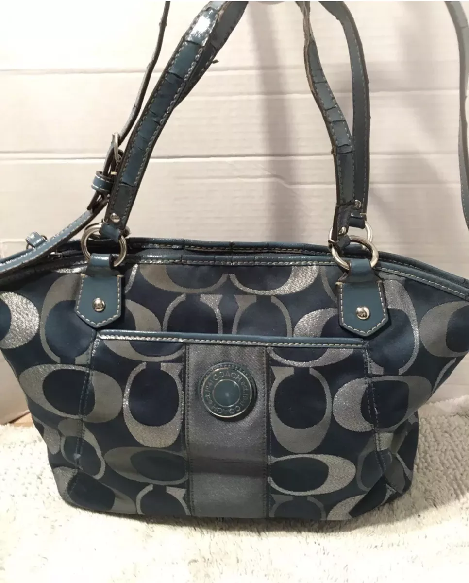 COACH Gallery Teal Blue/Green Metallic Outline 2Way Tote Shoulder Handbag F20426