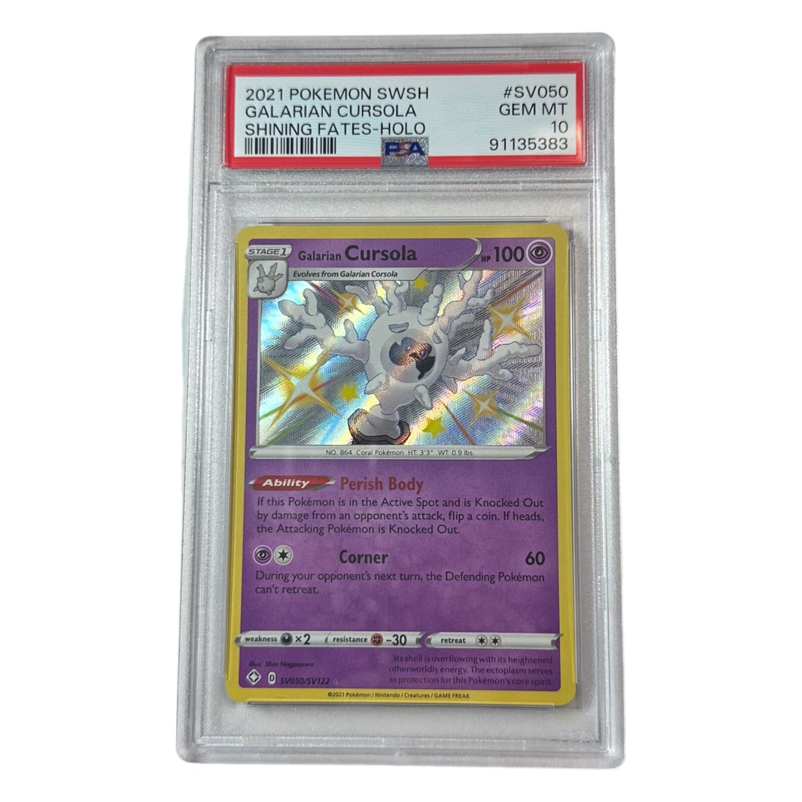 2021 Pokemon Sword & Shields Shining Fates Galarian Cursola #SV050 Holo PSA 10