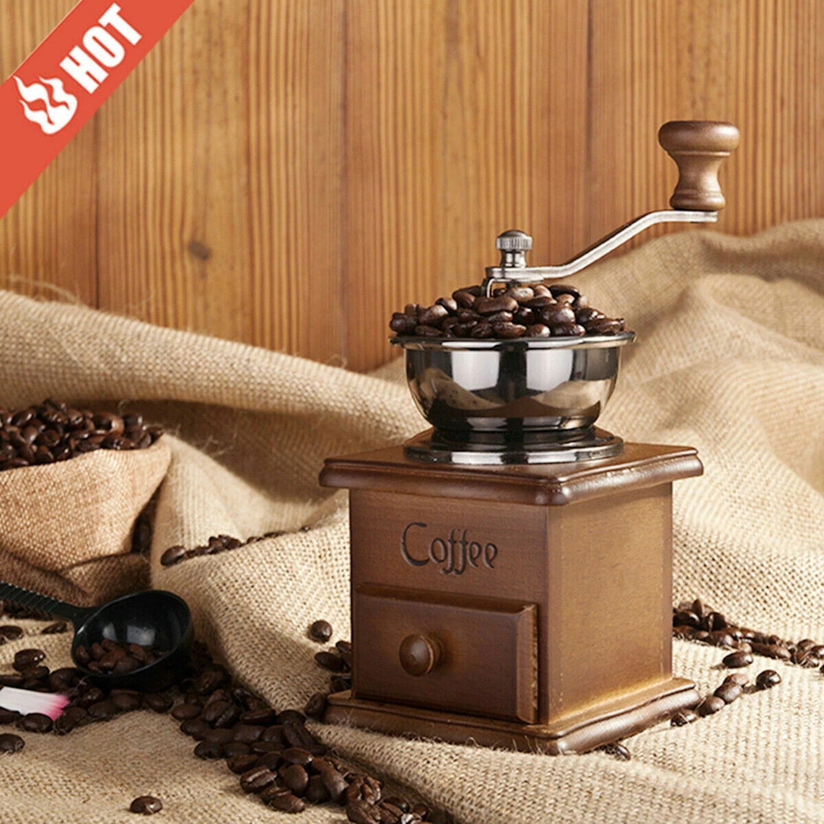 Coffee Bean Grinder Vintage Retro Manual Hand Crank Wooden Herb Burr Mill Spice