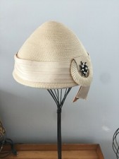 Vintage Ladies Hat 1950s Cream Straw with Ribbon and Black Accent