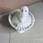 Atterbury Milk Glass Lion on Lacy Base Covered Dish Red Glass Eyes Pat 1889
