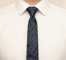 NWOT Black w Woven Blue Silver Paisley Silk Neck Tie Italy 2.75W Skinny