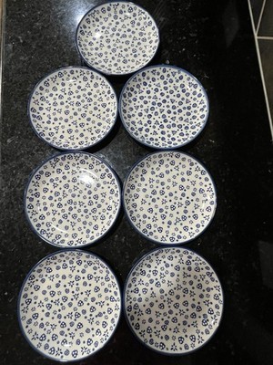 Blue Confetti Polish Pottery Ceramic Salad/Dessert Plates Set of 7, 8'' Round