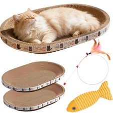 Cat Scratcher Bed Cardboard Oval Bowl Pads With Catnip Wand Toys 2 Pack