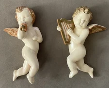 Cherubs Angels Pair Wall Decor Flute Harp Gold Tone Hanging 50's/60's