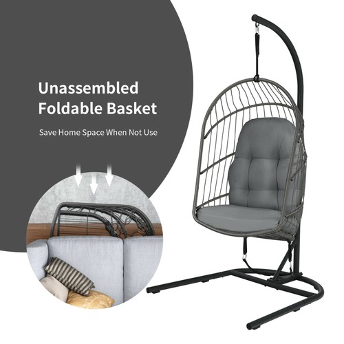 Hanging Hammock Egg Chair Patio Rattan Swing Chair w/ Stand & Grey Cushions - Picture 4 of 9