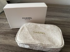 CHANEL Beaute Beige Fabric Zip Makeup Bag Pouch with Gold Logo