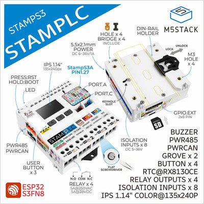 M5Stack Official M5Stamp PLC ESP32-S3FN8 Controller with M5Stamps3