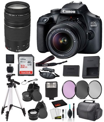 Canon EOS 4000D EF-S 18-55mm and EF 73-300mm Lens Bundle SanDisk 32gb + Filters