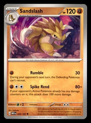 Sandslash 028/165 Uncommon 151 Pokemon Near Mint
