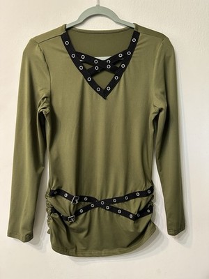 Olive Green Goth Punk Top Long Sleeve Grommet Strap Harness Ruched Size S