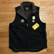 NEW Carhartt Black Canvas Sherpa Fleece Lined Loose Fit Full Zip Work Vest M