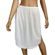 Vintage Slip Skirt M Off-White Deep Slits Lace Nylon Coquette