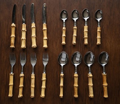 1950s Vintage Bamboo Flatware Set Japan Stainless Steel MCM Tiki Boho 16Pc