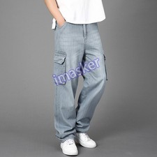 Men Cargo Denim Jeans Pants Side Pockets Distressed Casual Straight Leg Trousers