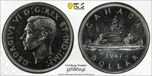 1947 Canada $1 Dollar PCGS AU58 Lot#G2022 Silver! Pointed '7' Quadrupled 'HP'