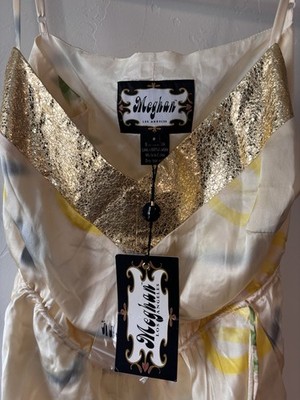 Meghan LA Silk Floral Dress Gold V-Neck Abstract Spaghetti Strap Ivory Size  8 | eBay