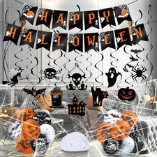 Halloween Party Hanging Decorations Kit-Hanging Swirl, Banner, Balloons with Web
