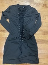 Shein Black Short Dress w/ Tie Up Front Sz S Small Women’s, Long Sleeve