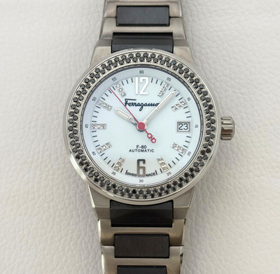 Salvatore Ferragamo F-80 Automatic Titanium Case Gemstone Set Bezel Date Watch