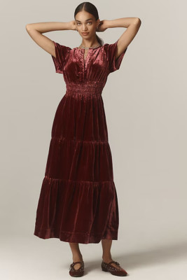 New Anthropologie The Somerset Maxi Dress: Velvet Edition Red S NWT