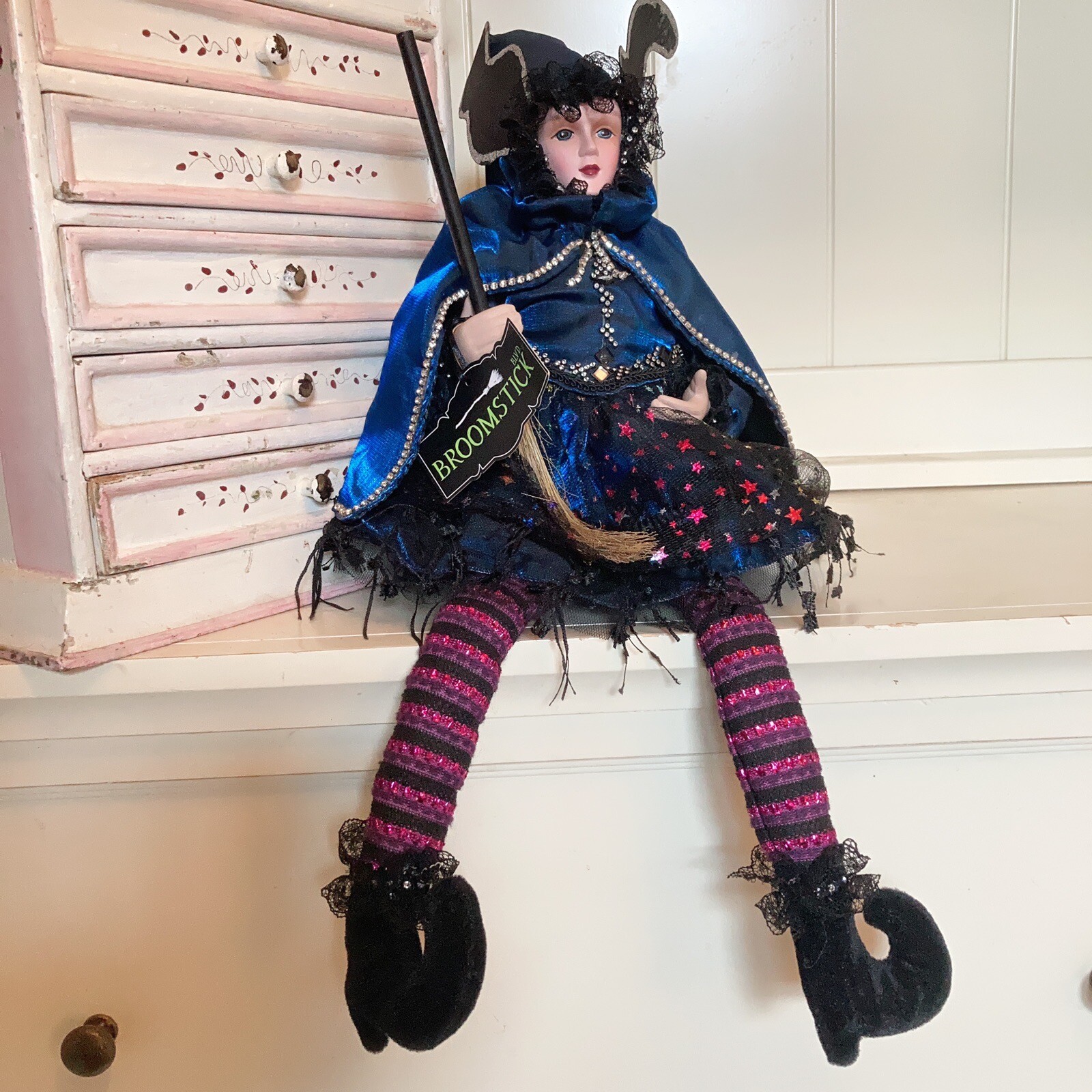 25” Broomstick Blvd Black Blue Rhinestone Dress Sitting Witch Halloween Decor eBay