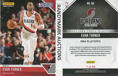 Evan Turner TRAIL BLAZZERS PANINI INSTANT 2018-19 NBA PLAYOFFS #60 x/65 SP
