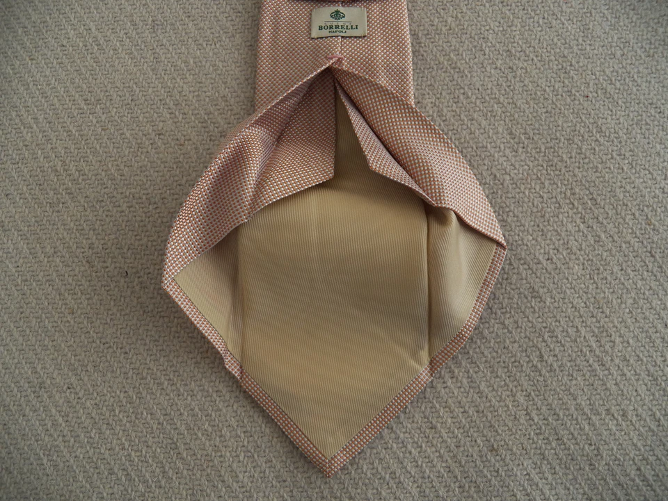 Luigi Borrelli Napoli Silk Necktie seven fold orange silver micro check dot tie - Image 3 of 4