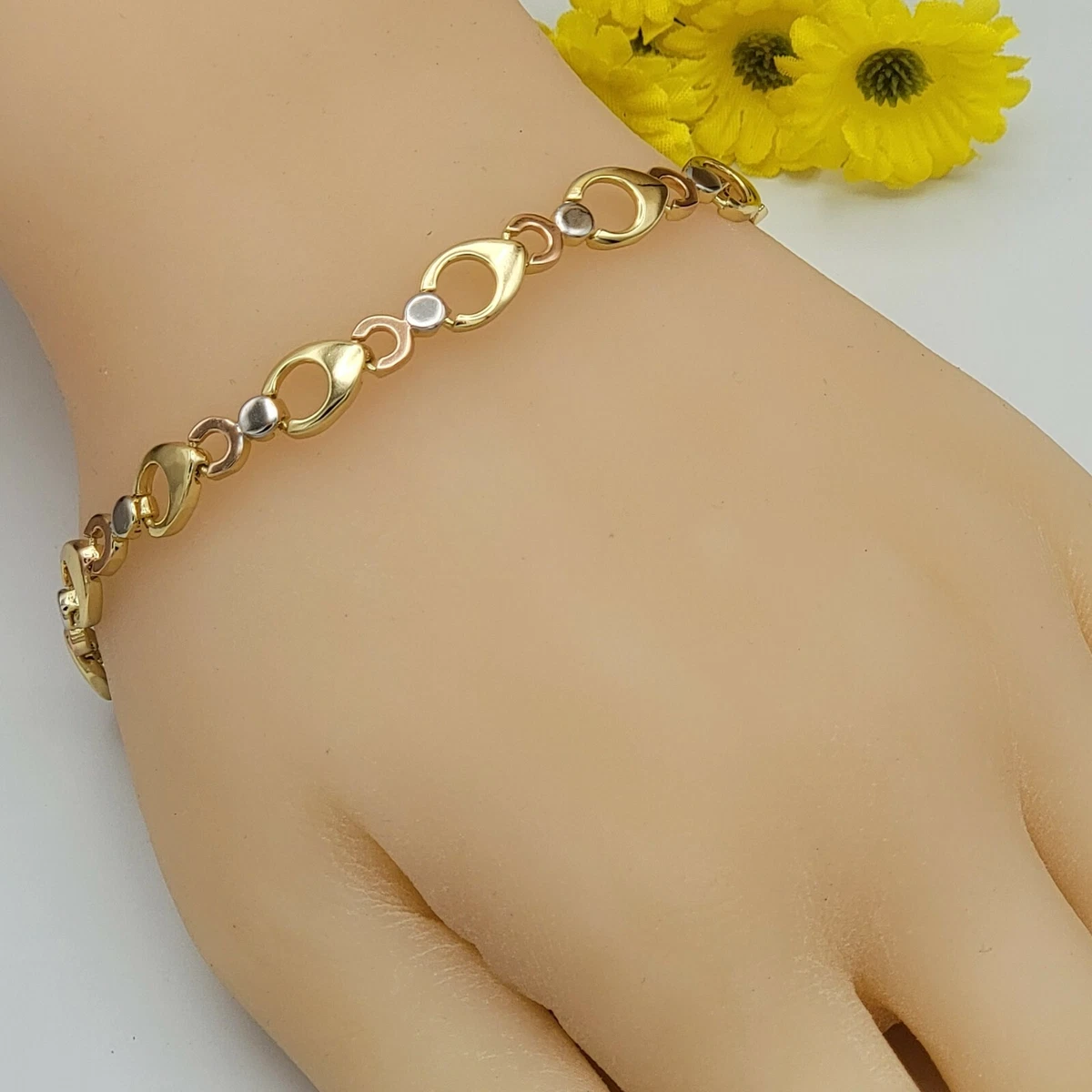 Tri Color Gold Plated Chain Bracelet. Beautiful Fashion Link Oro Laminado