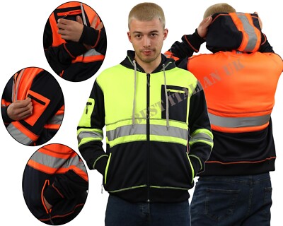 Hi Viz Vis Warnschutzjacke Hoodie Arbeit 5 Zip Kapuzensweatshirt SMLXL