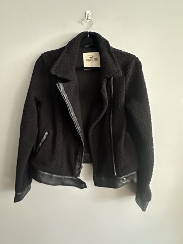 Hollister Women’s L Fleece Moto Jacket Black Teddy Bear Furry Zip Zippers Coat